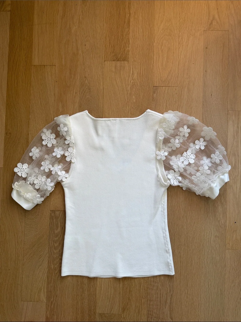 Anthropologie Cream Puff-Sleeve Floral Mesh Top